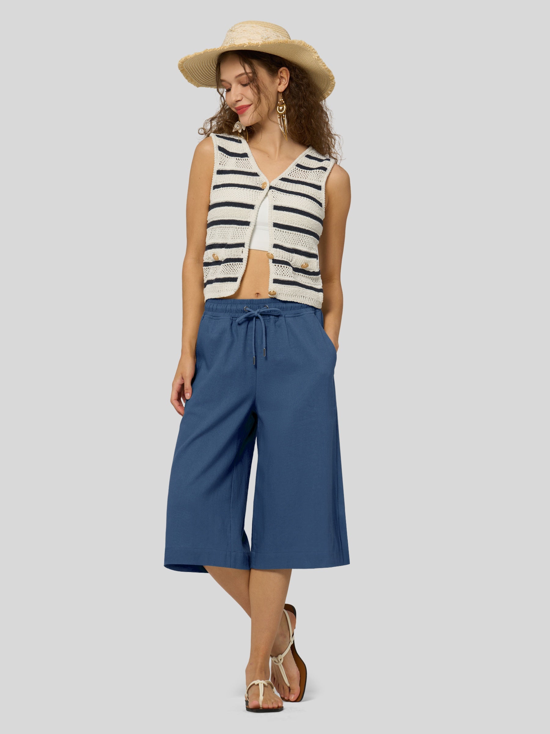 Women's Cotton Linen Easy Wide-Leg Capris - Image 39