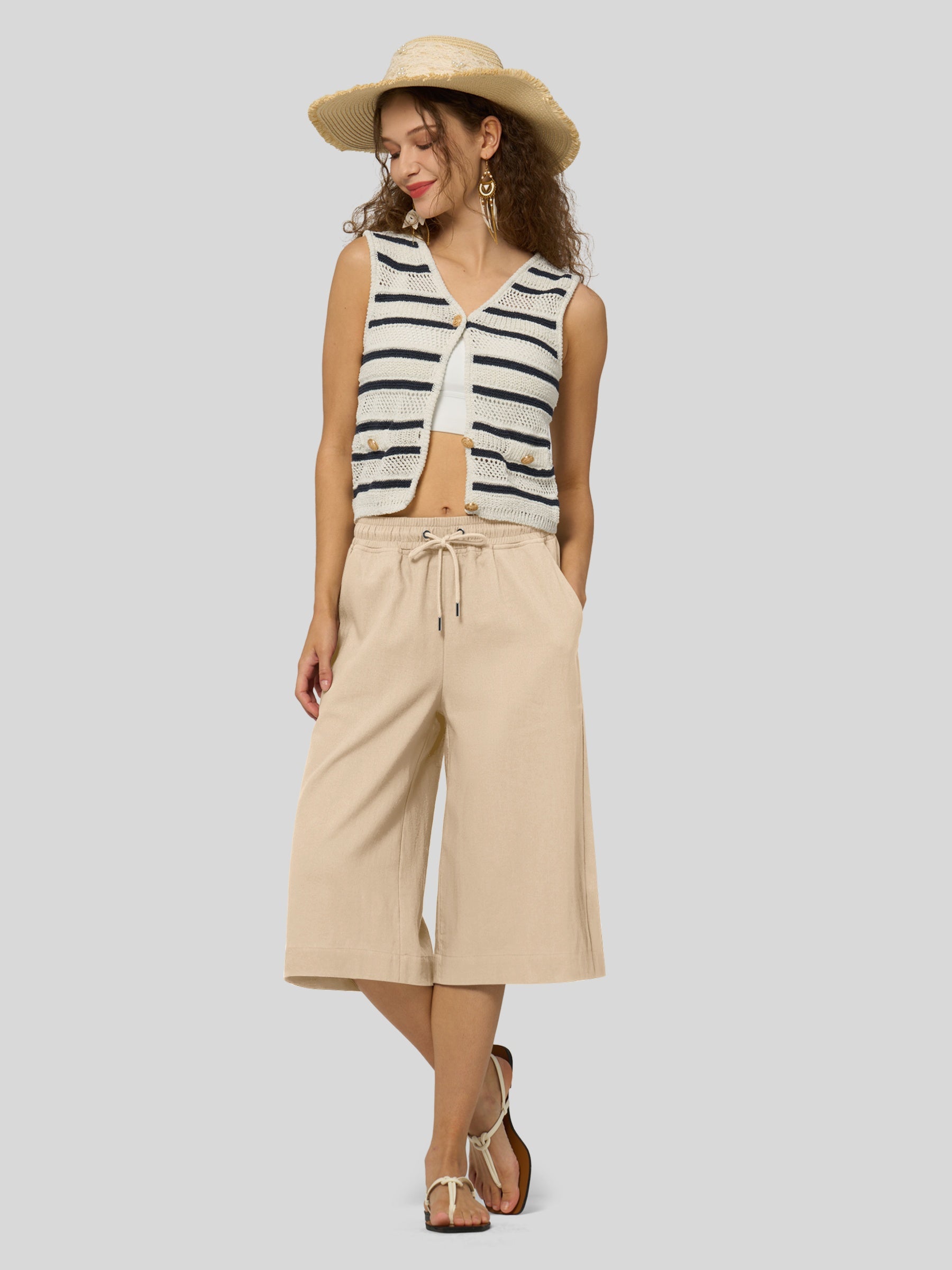Women's Cotton Linen Easy Wide-Leg Capris - Image 44