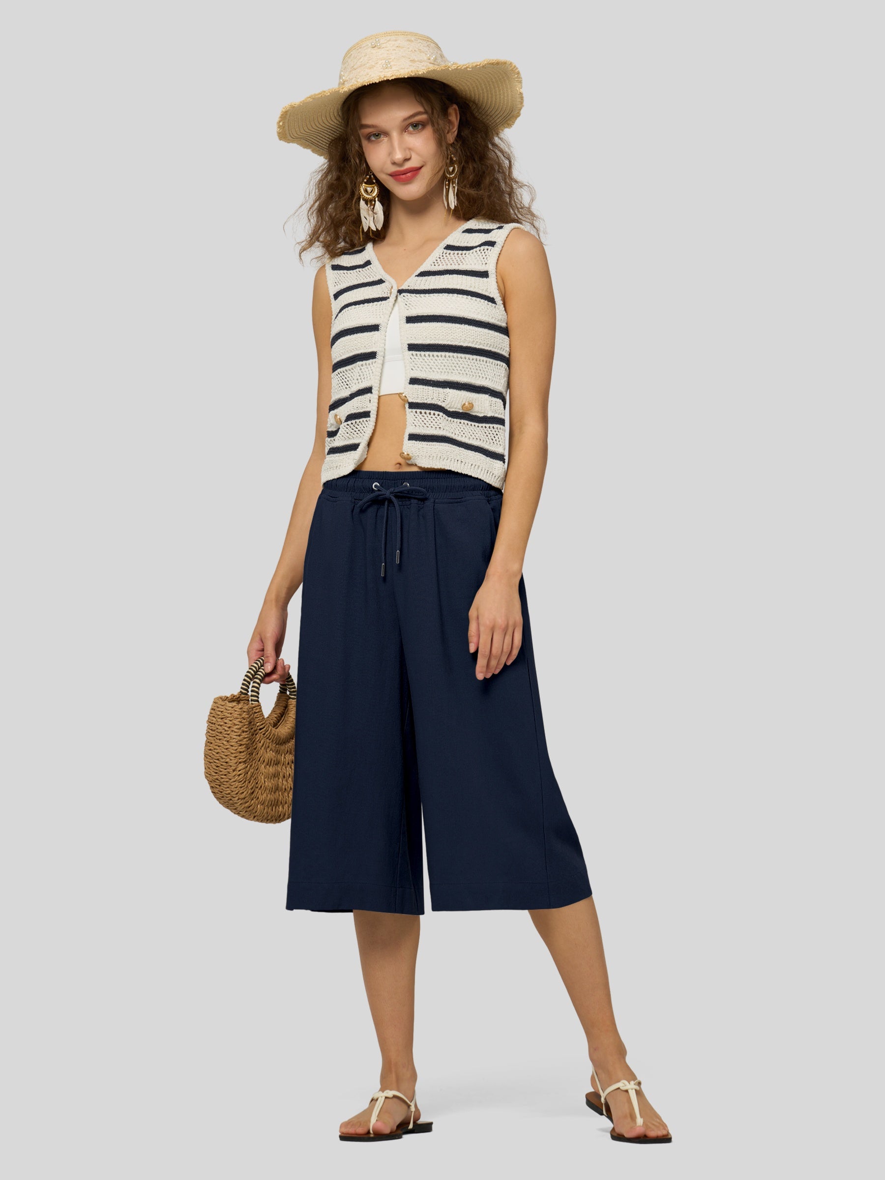 Women's Cotton Linen Easy Wide-Leg Capris - Image 49
