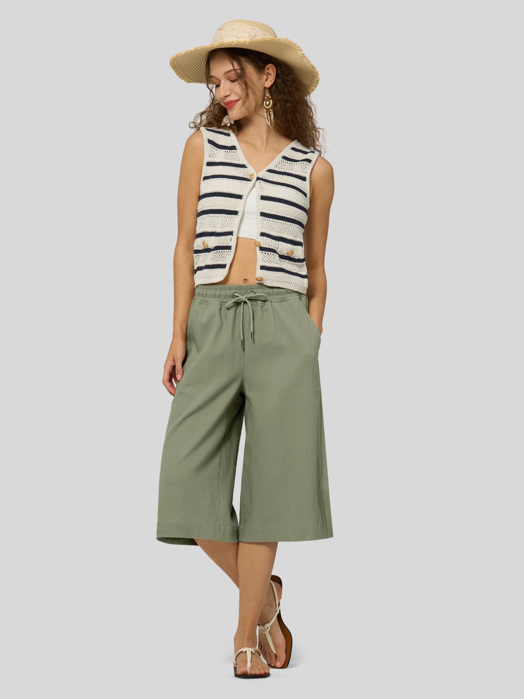 Women's Cotton Linen Easy Wide-Leg Capris - Image 54