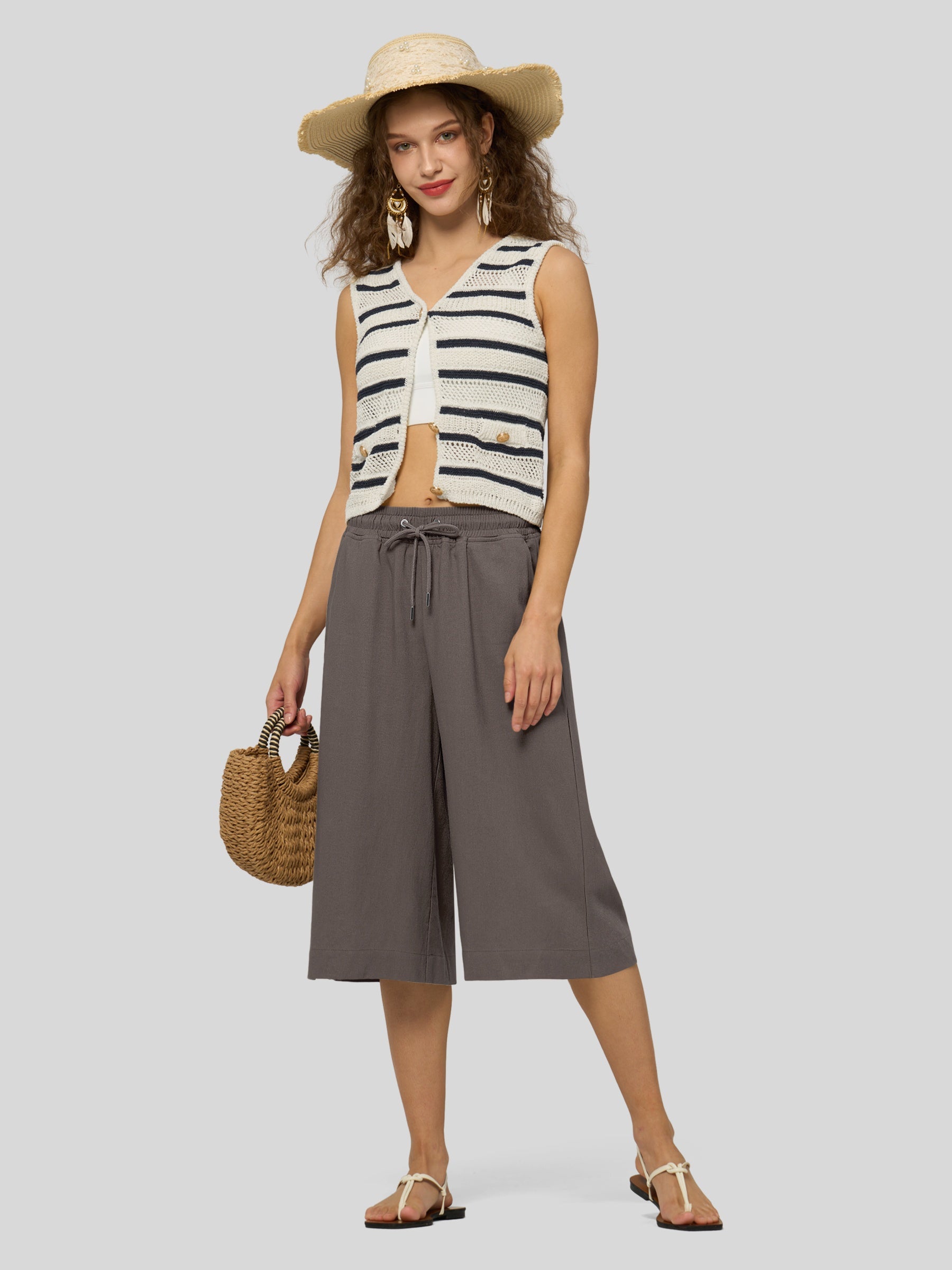 Women's Cotton Linen Easy Wide-Leg Capris - Image 59